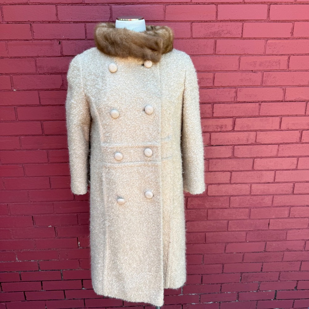 Vintage Winkelmans Cream Boucle Wool Coat Mink Fur Collar ILGWU Union Made 60s